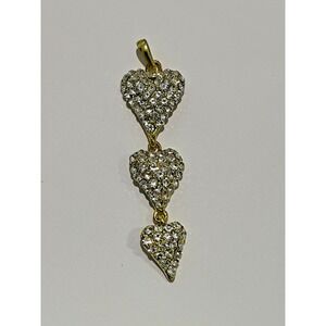 Vintage 3 Tier Heart Gold Tone Pendant Charms Rhinestones Drop for necklace